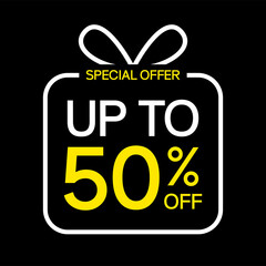 Sale up to 50 percent poster or banner template.  Special offer sale in gift box shape.
