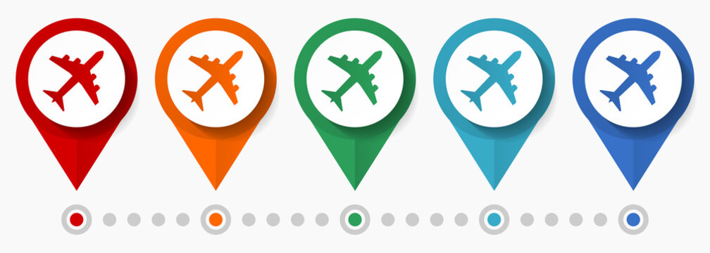 Plane, airplane concept vector icon set, flat design flight pointers, infographic template