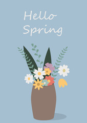 Beautiful vector spring card with the image of a vase of flowers.