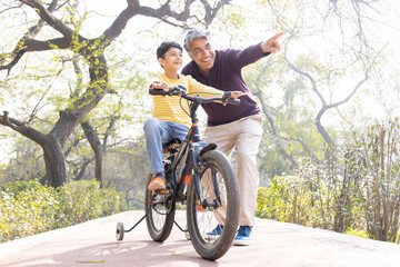 Fototapeta premium Father teaching son riding bicycle at park