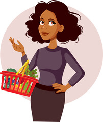 Happy Woman Shopping for Groceries Vector Cartoon Illustration