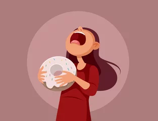 Fotobehang Hungry Girl Holding a Giant Donut Vector Cartoon Illustration © nicoletaionescu