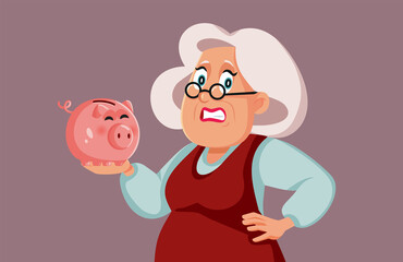 Worried Elderly Woman Holding a Piggy bank Vector Cartoon Illustration