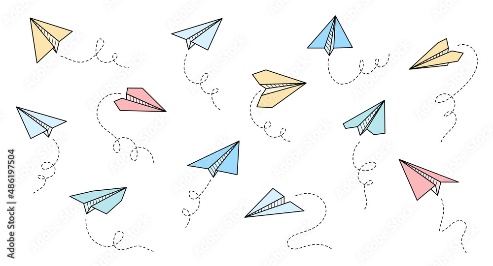 Wall mural paper airplane vector icon. doodle outline style color paper airplane. simple origami colorful aircr