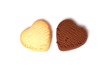 Two cookies in the shape of hearts lemon and chocolate
