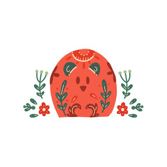 Vector postcard with little dog and a floral pattern. Stylized Spitz with folk art. Clipart with stylized purebred puppy and boho decoration. Card with pet in flat hand drawn style