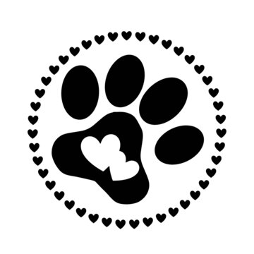 Animal love symbol paw print with heart, isolated vector. Love with pet footprint. Funny vector. Good for posters, textiles, gifts, t shirts.