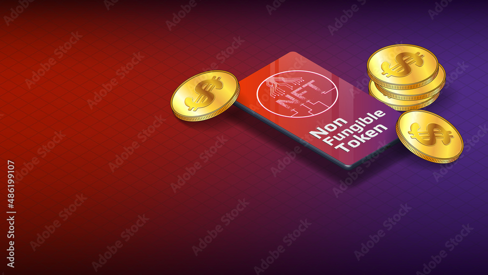 Canvas Prints nft non fungible token isometric cellphone and gold coins of dollars on red background with copy spa