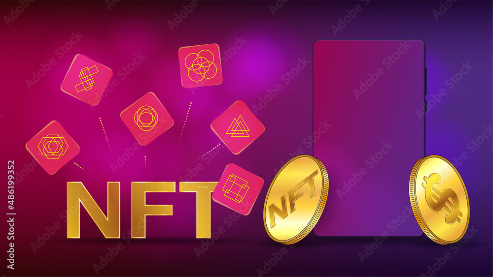 Canvas Prints concept of earning us dollars on nft non fungible token using mobile phone. flying tokens and phone 