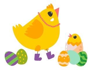 Hen with small chicken and colored eggs on easter