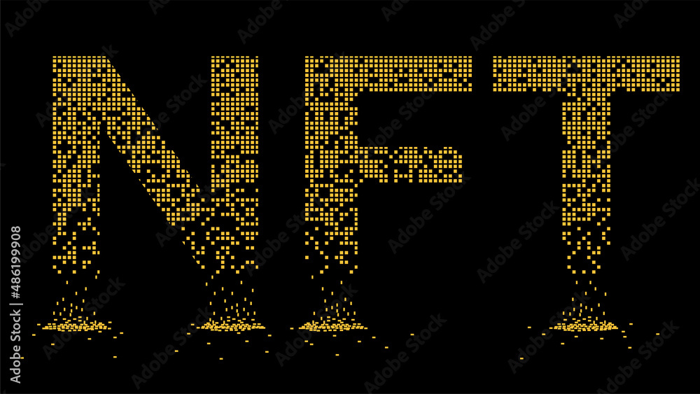 Wall mural crumbled text ntf non fungible token from falling golden cubes isolated on black background. fragmen