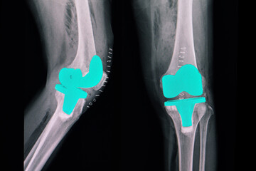 X-ray film of a patient after total knee replacement surgery with metallic prosthesis.