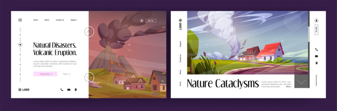 Natural disasters and cataclysms banners with volcanic eruption and tornado. Vector landing pages with cartoon illustration of houses, volcano erupt with lava and smoke and hurricane on sea beach