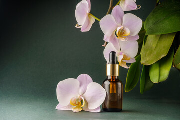 Obraz na płótnie Canvas Spa aromatic oils and flower orchid, falenopsis on green background. Spa concept 