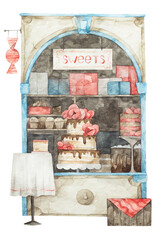 Watercolor illustration of showcase of confectionery with different cakes and sweets. Hand drawn postcard