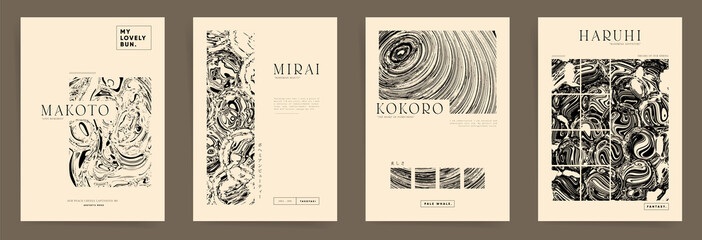 Set of Monochrome Aesthetic Posters. Modern Japanese boho Design Posters. Vintage Covers with typography. Abstract liquid ink twisted and rounded shapes Backgrounds.
