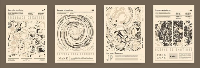 Selbstklebende Fototapeten Set of Monochrome Aesthetic Posters. Modern Japanese boho Design Posters. Vintage Covers with typography. Abstract liquid ink twisted and rounded shapes Backgrounds.  © Takoyaki Shop