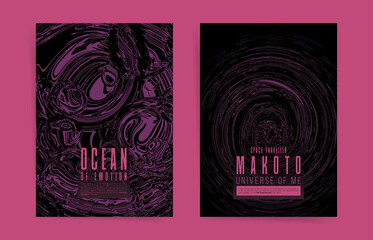 Pink Dark Boho Abstract template design artwork with typography for poster, flyer, brochure or cover. Painted space and liquid aesthetic shapes posters set.