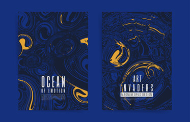 Modern set of poster templates covers with blue and golden abstract ocean waves design. Vector dark water pattern art backgrounds. 