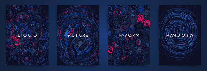Fototapeta Dark space universe minimal template design with typography for poster, flyer, event brochure, placard, presentation or cover. Black blue pink acid colors, circles and twists brutal background shapes  obraz