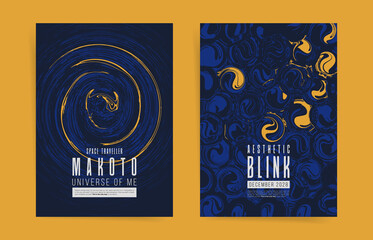 Blue and yellow gold spiral abstract poster design art set. Aesthetic dark cover layout for decor print or party music event brochure, flyer, banner. Vector backgrounds set.