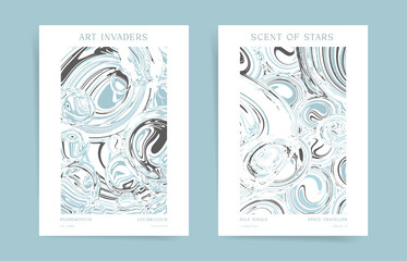 Pastel Abstract minimal template design artwork with typography for poster, flyer, brochure, placard, presentation or cover. Vector blue black and white ink and wavy shape background set.