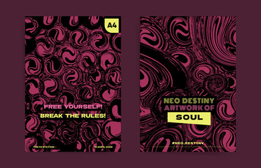 Tech and brutal abstract template design with typography for poster, flyer, event brochure, placard, presentation or cover. Black, purple colors and rounded shapes psychedelic  vector background set.