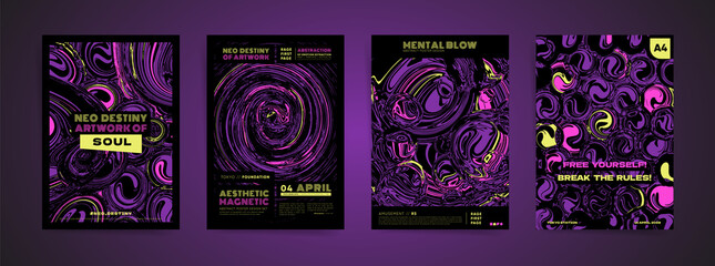 Fototapeta Dark space abstract template design with typography for poster, flyer, event brochure, placard, presentation or cover.  Black, purple colors with hallucination paints print vector set. obraz