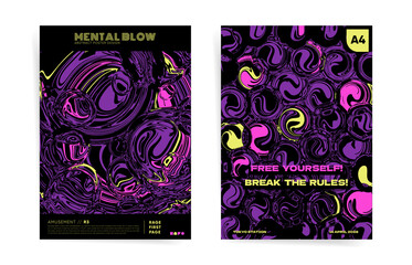 Dark ink abstract template design with typography for poster, flyer, event brochure, placard, presentation or cover. Vector black and purple colors and rounded magic shapes background set.