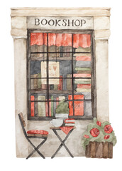 Vintage showcase of book shop. Window of store. Watercolor hand-drawn illustration. Template for postcard