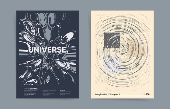 Geometric glitch template design with typography for poster, flyer, brochure, placard, presentation or cover. Black and white rounded and vortex shapes. Vector monochrome background set.