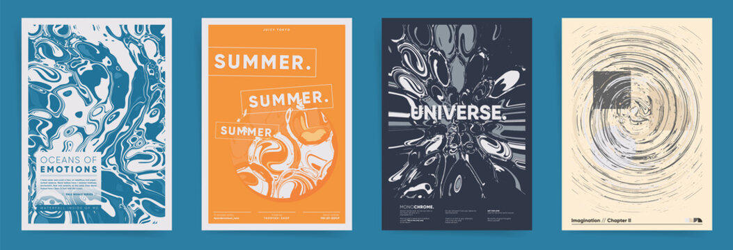 Set of abstract geometric summer collection design templates for poster, flyer placard, cover, music event or party banner. Fluid artwork with waves and circles. Modern vector graphic print.