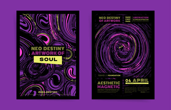 Tech and brutal abstract template design with typography for poster, flyer, event brochure, placard, presentation or cover. Black, purple colors and rounded shapes psychedelic  vector background set.