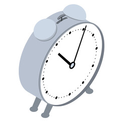 Isometric mechanical alarm clock on legs in cartoon style isolated on white. Bells with hammer on top.