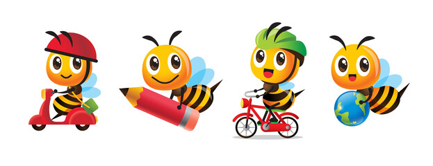 Collection set of cartoon cute honey bee with different pose such as riding scooter, holding pencil and globe, riding bicycle. Character set - obrazy, fototapety, plakaty