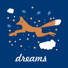 Obraz na płótnie Canvas An orange fox flies surrounded by yellow stars, white clouds, and blue feathers against a blue night starry sky. Dreams. Vector illustration EPS8