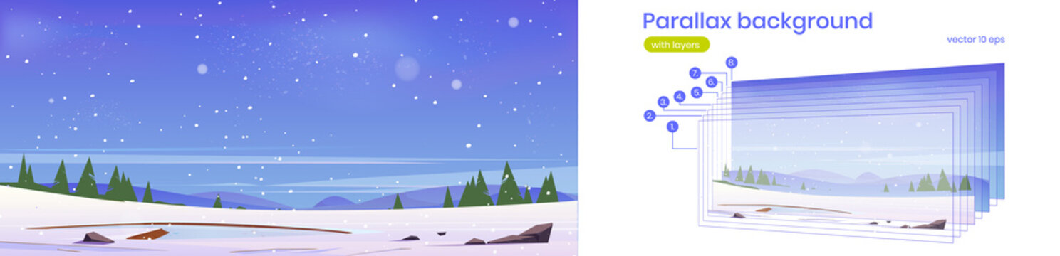 Snow field with frozen pond, conifers and hills on horizon. Vector parallax background for 2d animation with cartoon illustration of winter landscape with ice on lake and snowfall