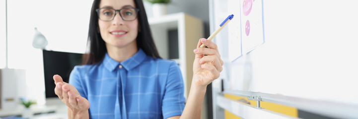 Businesswoman with glasses is holding business development conference