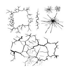 Set of cracks for disaster design. Different types isolated cracks textures: break of earth, cracks in the wall, glass clefts. Vector background.
