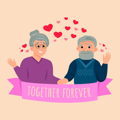 Valentine's Day card. Cute, adorable senior couple in love, romantic scene. Old man gives heart to his wife old women. Active seniors flat vector characters. Together forever