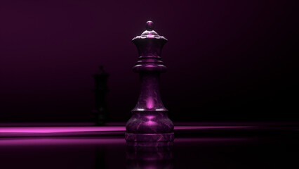  Game concept. Dark marble chess queen. Violet neon light. 3d illustration