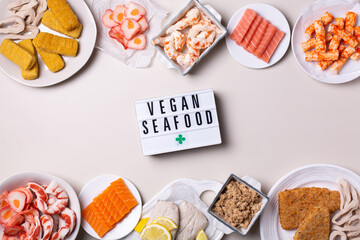 Vegan Plant based fish and seafood, food reducing carbon footprint