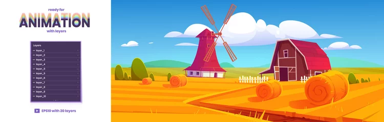 Fotobehang Countryside with hay bales on agriculture field, windmill and farm barn. Vector parallax background ready for 2d animation with cartoon illustration of rural landscape, farmland © klyaksun