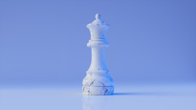 Game concept. White marble chess queen on a blue background. 3d illustration