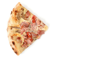Top view two slices of pizza on a white background with copy space