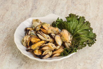 Tasty marinated mussels in the bowl