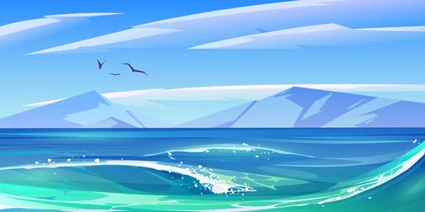 Poster Sea with waves and mountains on horizon. Vector cartoon illustration of nature landscape of lake with blue water, rocks and flying birds. Panorama of ocean coast with mountains © klyaksun