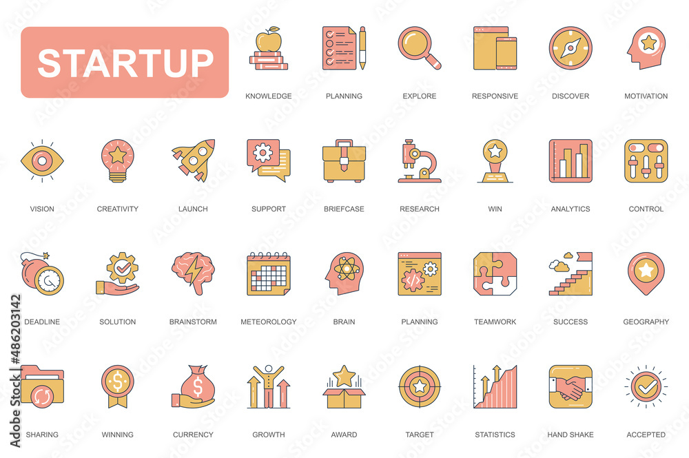Aufkleber Startup business concept simple line icons set. Pack outline pictograms of planning, discover, motivation, vision, launch, brainstorm, strategy and other. Vector elements for mobile app and web design