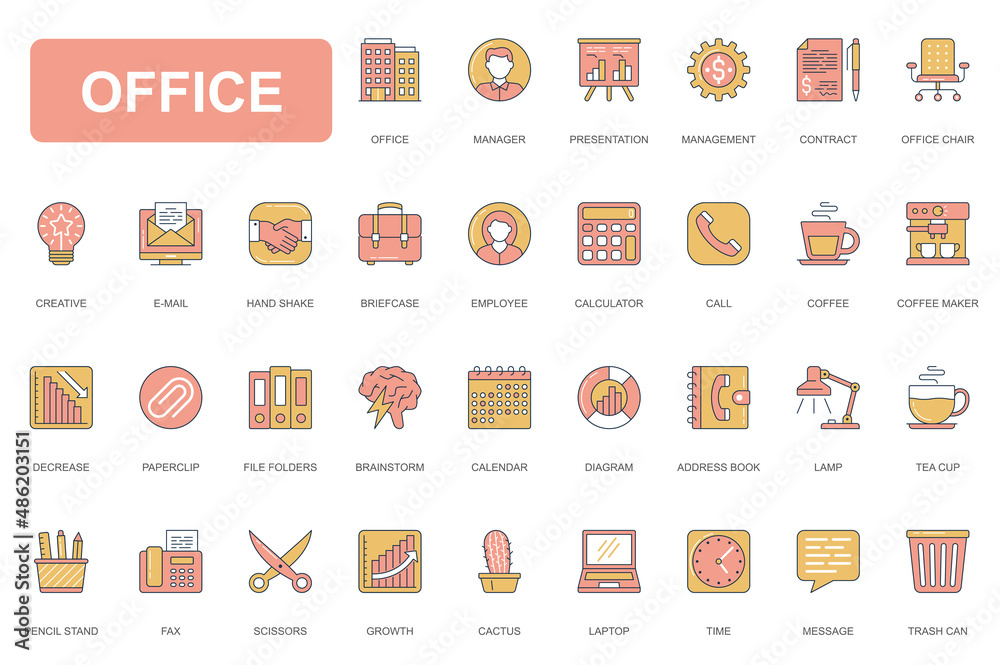 Poster office concept simple line icons set. pack outline pictograms of management, presentation, creative,