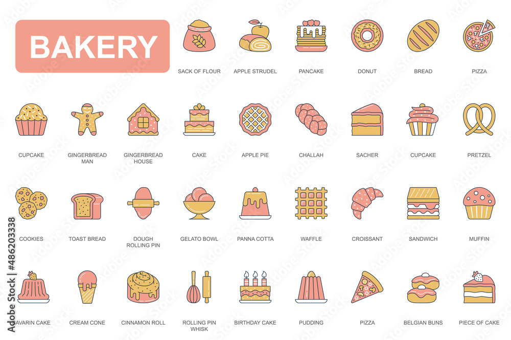 Poster bakery concept simple line icons set. pack outline pictograms of strudel, donut, pancake, pizza, cup